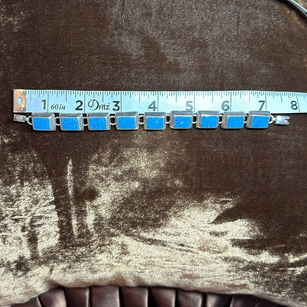 Vintage Sterling Silver Mexico 925 polished turquoise or lapis 9 stone bracelet - Picture 3 of 9